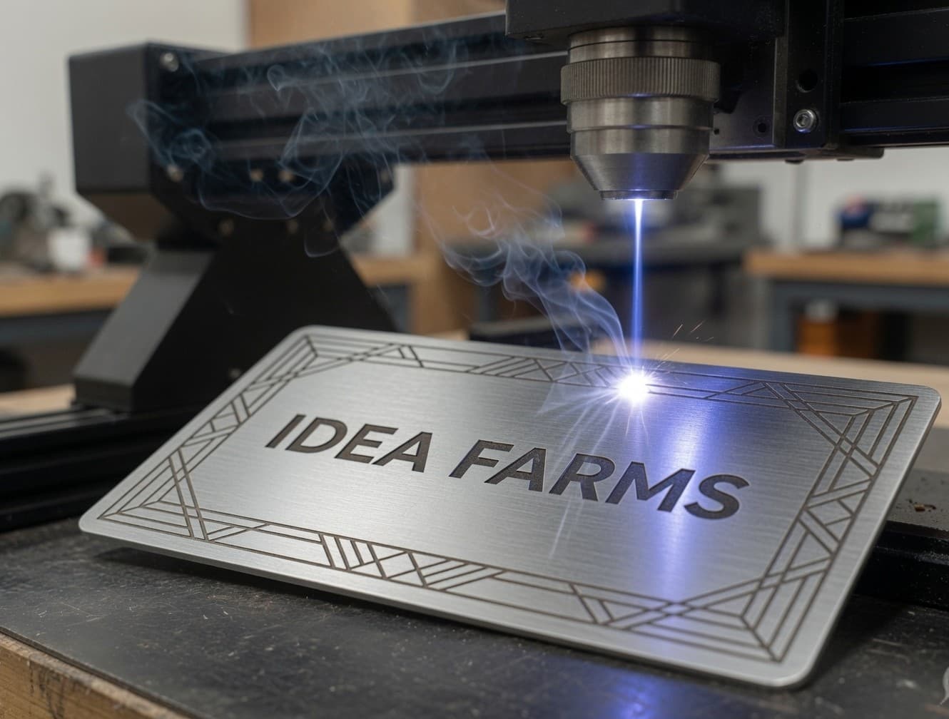 A laser engraving the IdeaFarms logo into a brushed steel card